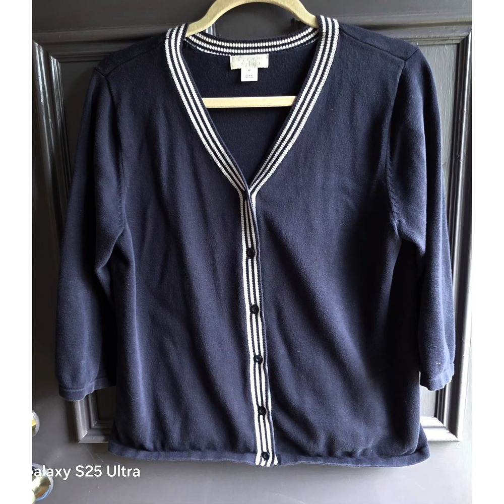 Christopher & Banks womens cardigan blue white trim nautical varisty Medium